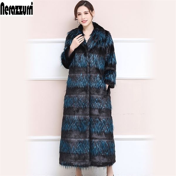 

nerazzurri winter women faux fur long coat breasted thick warm fluffy plus size women fashion coats notched lapel 5xl 6xl 7xl 201016, Black