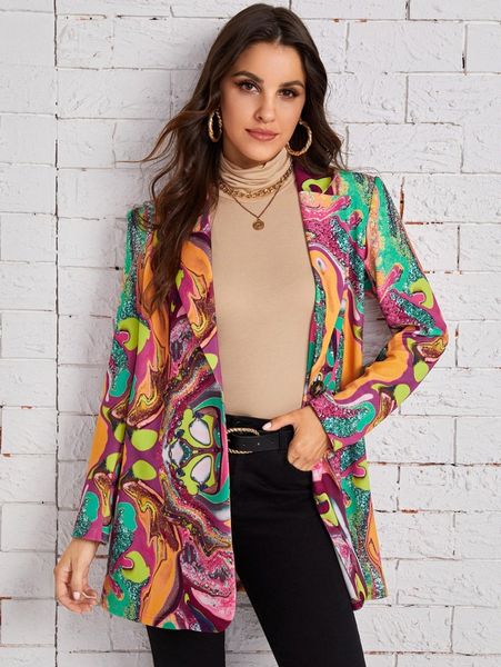 

allover print single button blazer k69w#, White