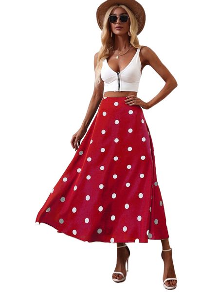 

polka dot print split thigh skirt t5lt#, Black