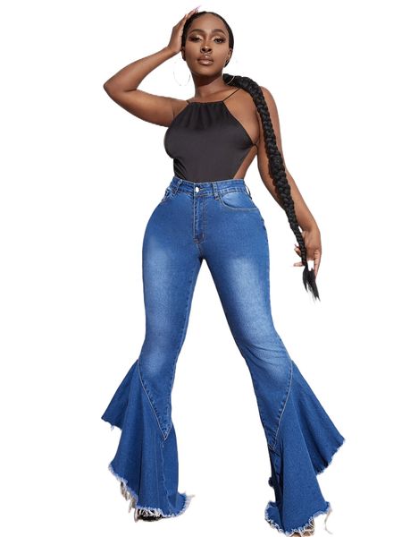 

sxy high waist raw cut ruffle asymmetrical hem flare leg jeans s2kq#, Blue