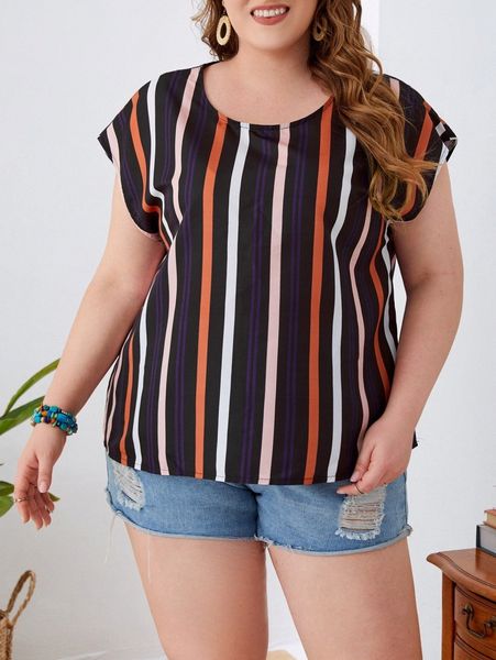 

emery rose plus striped print batwing sleeve blouse 588p#, Black