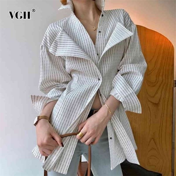 

vgh casual striped blouse for women lapel long sleeve side split large size temperament shirt female fashion clothing 210326, White