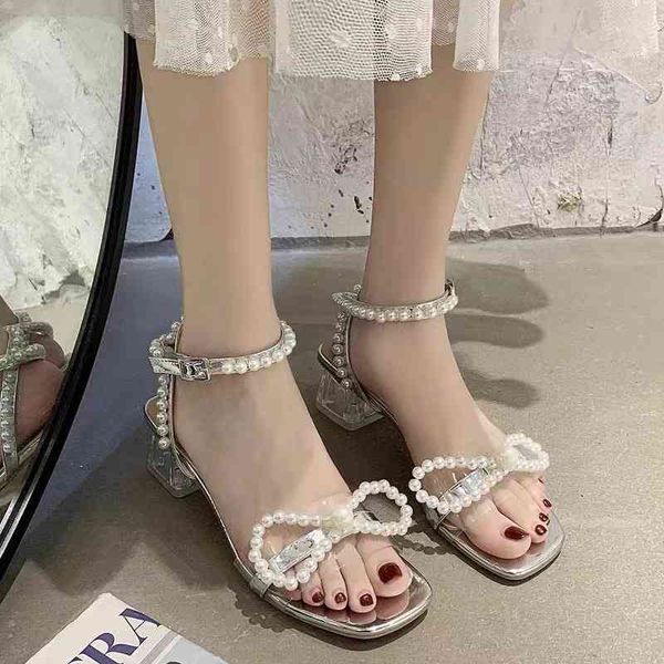 

sandals sandal girl spring pearl bow fairy style crystal thick heel fashion one-sided high-heeled shoes, Black