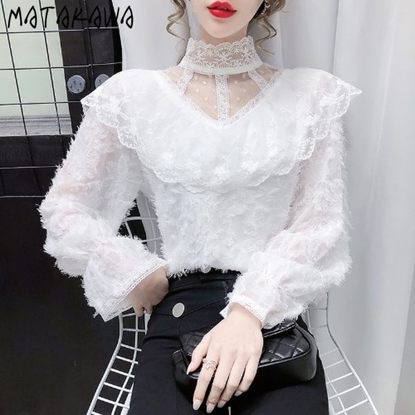 

flare sleeve blouse women spring temperament lace blusas half high collar bottoming ladies shirt 210506, White