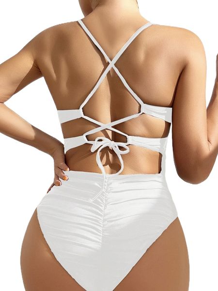 

ruched lace up one piece swimsuit 71ik#, White;black