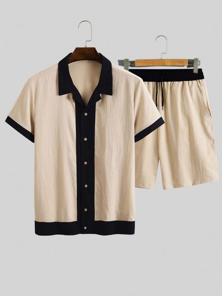 

men contrast collar shirt & drawstring waist shorts w9nr#, Gray