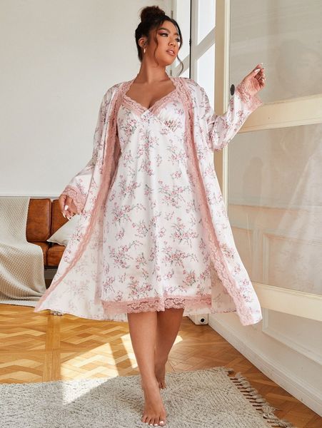 

plus floral print contrast lace night dress & robe u9co#, Black;white