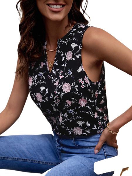 

floral print notched neckline blouse e5by#, White