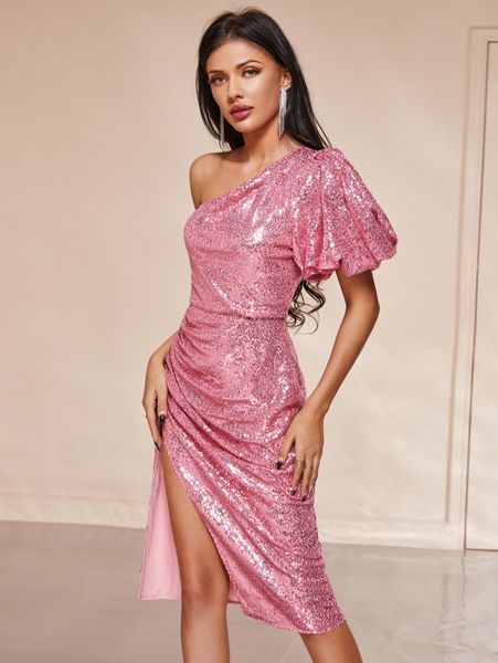 

double crazy one shoulder lantern sleeve ruched side wrap hem sequins prom dress d2yg#, Black;gray