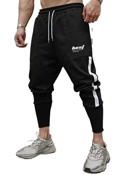 

men slogan graphic drawstring waist contrast side seam sweatpants e8gj#, Black