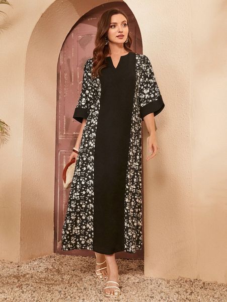 

notch neck floral print dress a8ua#, Black;gray