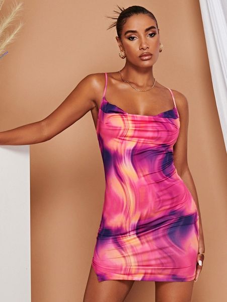 

tie dye lace up backless slit hem draped cami dress s7cc#, Black;gray