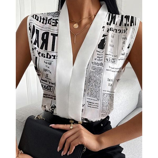 

women's blouses shirts 2022 women summer fashion female nespaper print v neck long sleevless casual blouse, White