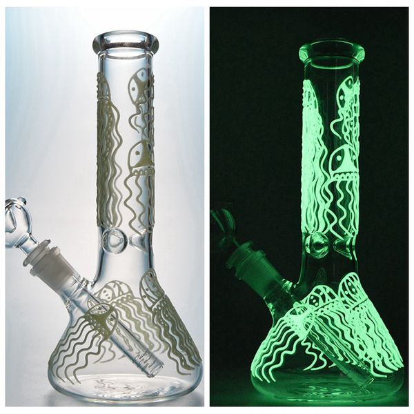 Atacado tube em linha reta vidro bong foodahs goel no escuro difuso de água downstem tubos de água de 18mm feminino conjuntos jellyfish design de Óleo de óleo