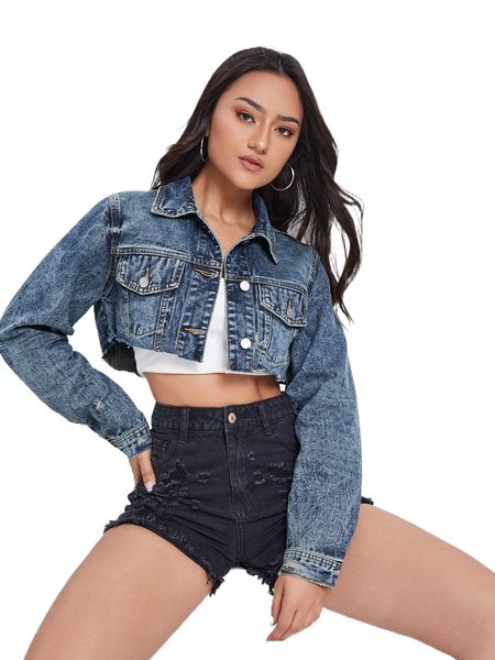 

frayed hem crop denim jacket 854d#, Black;brown