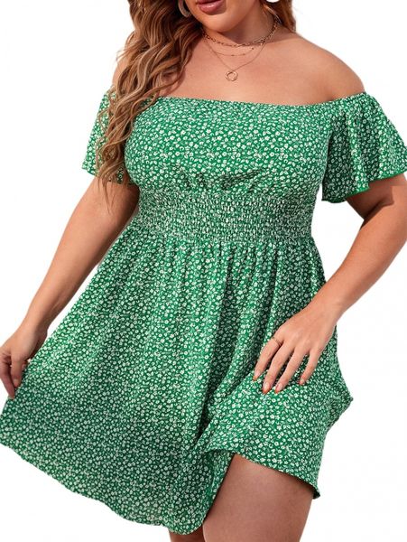 

plus ditsy floral shirred waist off shoulder dress 24ol#, Black