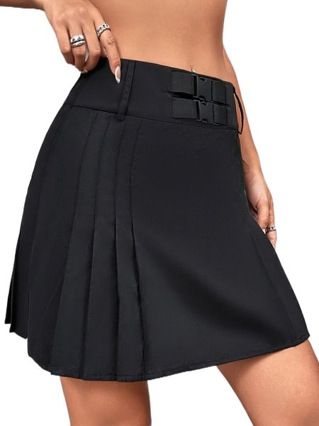 

buckle belted pleated skirt b5hy#, Black