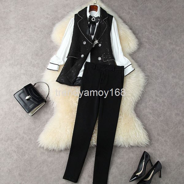 

women's two piece pants autumn and winter women's bow shirt + cardigan vest elastic nine point leggings three piece suit t12670, White