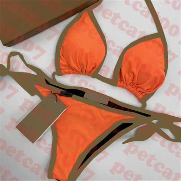 Costume da bagno da donna con bikini arancione Set costume da bagno con bordo scozzese Bikini Costume da bagno da donna da spiaggia estivo