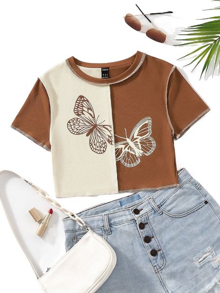 

c.olorblock b.utterfly print c.rop tee l9vj#, White