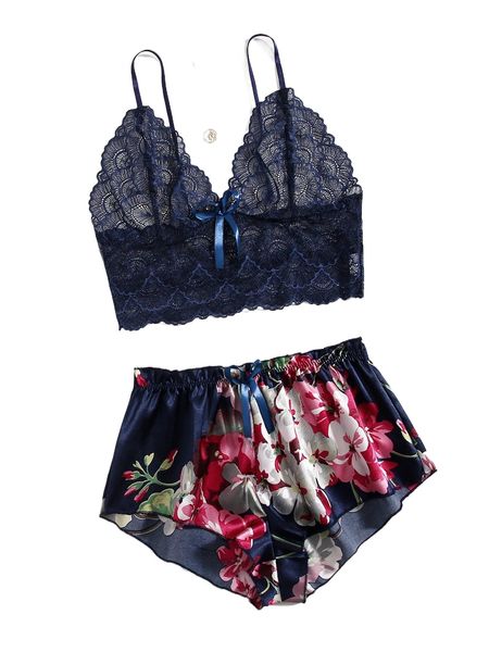 

floral lace scallop trim bralette & satin shorts k2t1#, Black;red
