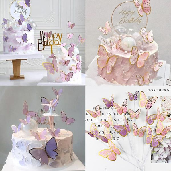 Другие праздничные поставки вечеринки фиолетовая розовая бабочка украшение торта с днем ​​рождения