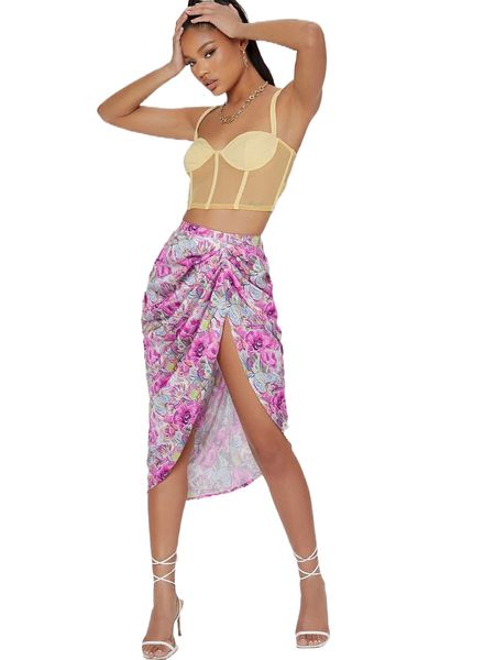 

club ruched split thigh floral satin skirt 62gd#, Black