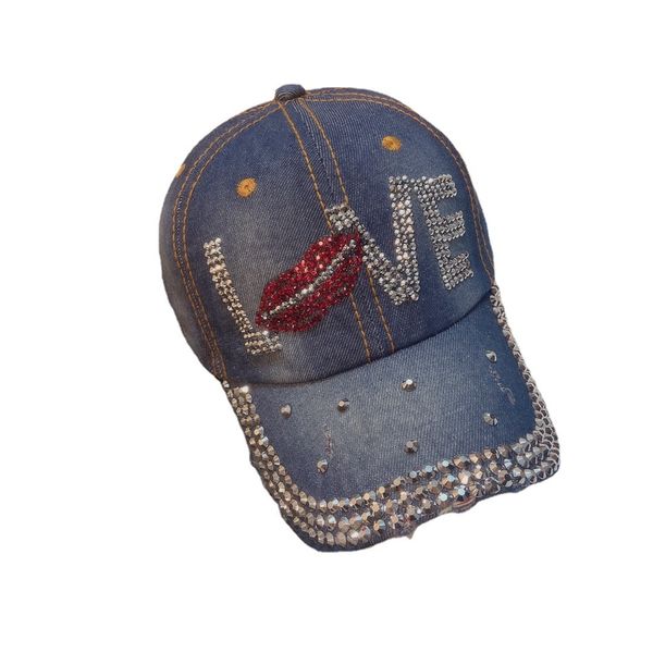 

ball caps mouth love rhinestone denim baseball cap good quality skull outdoor sports snapback hats for men women wholesale brand, Blue;gray