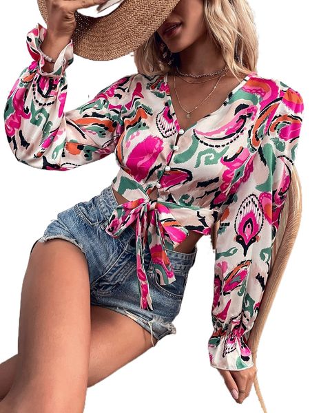 

allover print flounce sleeve knot front crop satin blouse 73vv#, White