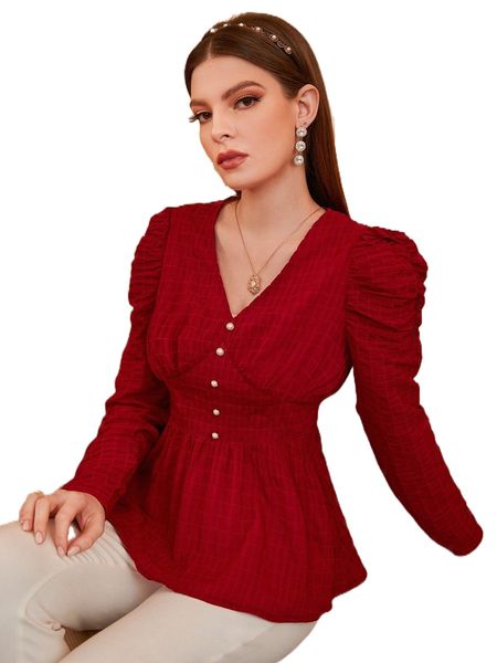 

textured ruched gigot sleeve fake button peplum blouse z2gj#, White