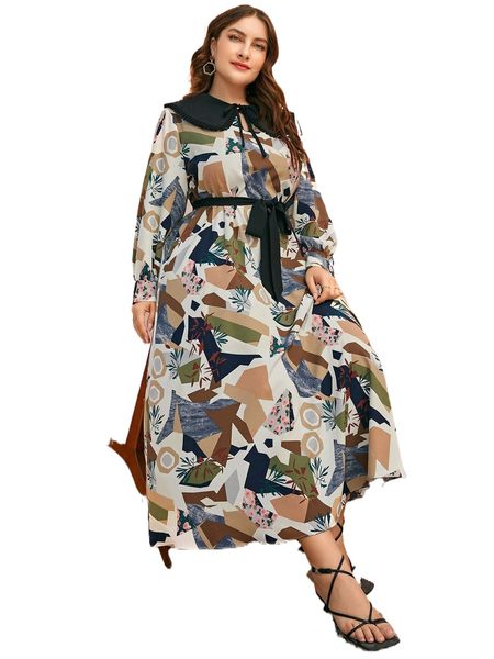 

plus patchwork print statement collar belted dress w4hu#, Black