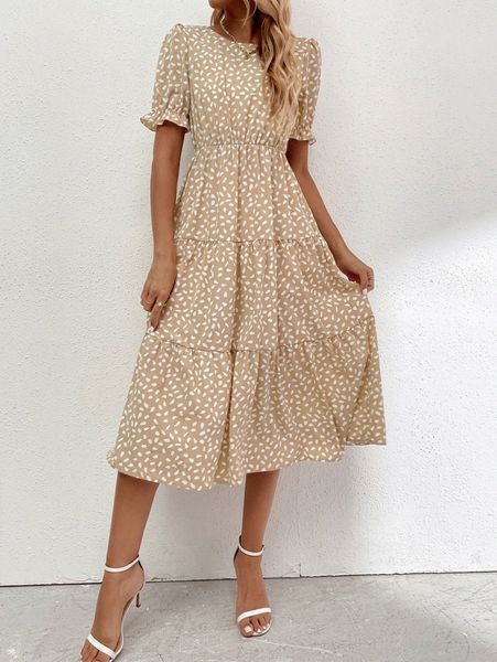 

allover print puff sleeve ruffle hem dress l4at#, Black;gray