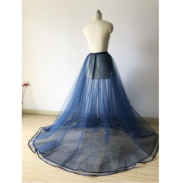 Gonne Bordo in raso Blu navy Treno da sposa da donna Gonna lunga sovrapposta Lunghezza del pavimento Tulle Cerniera Abito avvolgente su misura Tutu SaiasGonne