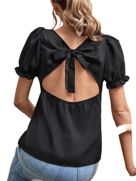 

cut out tie back square neck puff sleeve blouse a23b#, White