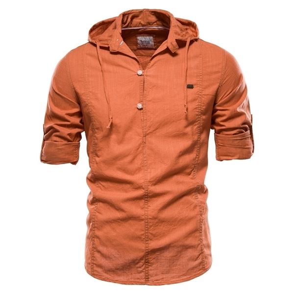 

design hoodied long sleeve linen shirt men solid color 100% cotton quality pullover shirt for men streetwear men's shirts 210331, White;black