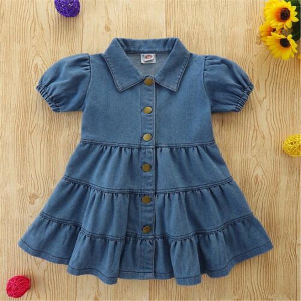 

kids girls dress cute toddler baby bubble sleeve denim turn-down collar princess dresses 1-6 years children clothes, Red;yellow