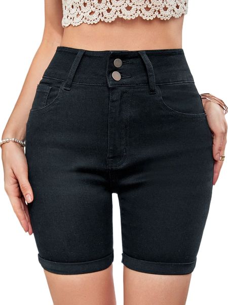 

high waist roll hem denim shorts d0st#, White;black