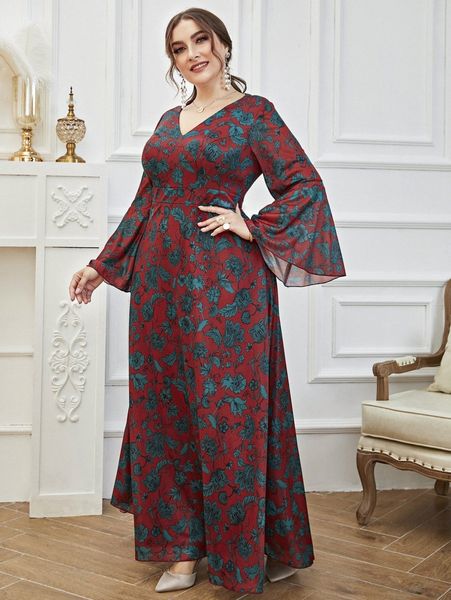 

plus floral print flounce sleeve dress j39p#, Black