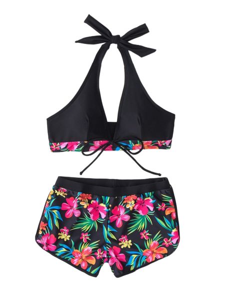 

tropical print halter shorts bikini swimsuit m71d#, White;black