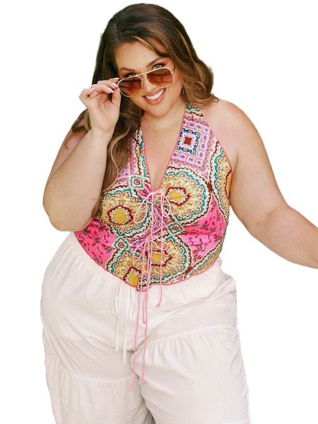 

x srv plus mandala print drawstring tie backless crop halter r7c5#, Black