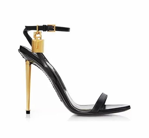 

woman luxury sandal brand queen high heel tom-sandal gold heel padlock leather sandals high-heeled r naked sandalie pumps, Black