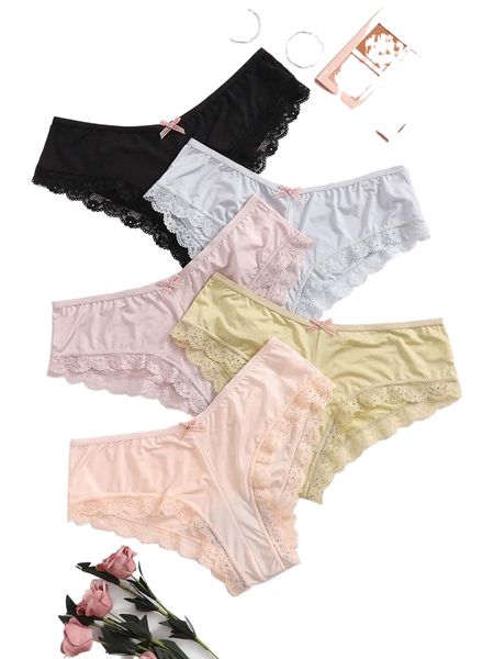 

5pcs lace trim panty set t9yr#, Black;red
