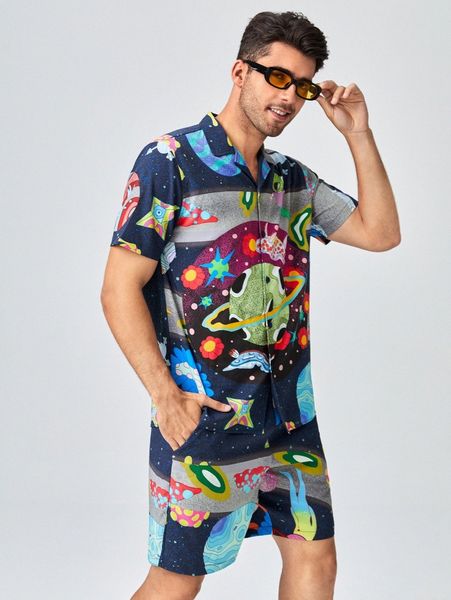 

x mithra men cartoon & planet print shirt & shorts l27w#, Gray