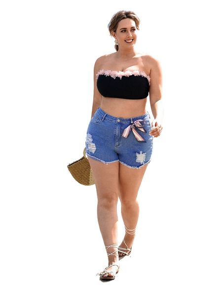 

plus ripped raw hem denim shorts with silk scarf d0bl#, White;black