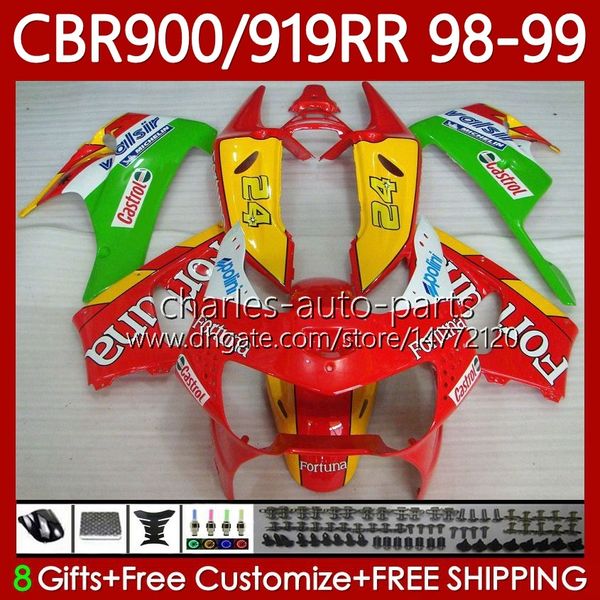 Kit corpo per HONDA CBR919RR CBR 919RR 900RR CBR919 Rosso giallo CBR900 RR 1998 1999 Carrozzeria 127No.91 900CC 919CC CBR900RR 98-99 CBR 900 919 RR CC 98 99 ABS Carenatura OEM