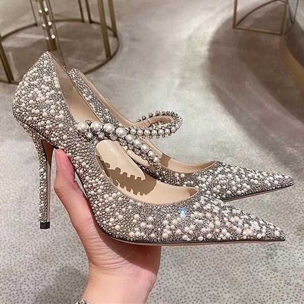 Scarpe eleganti con strass a punta Tacchi alti 2022 Scarpe da sposa con perle di cristallo rosso netto da donna singole