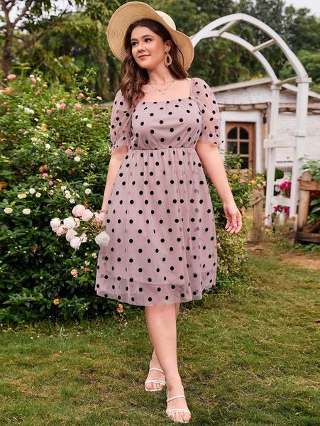 

plus polka dot contrast mesh square neck dress k0vv#, Black