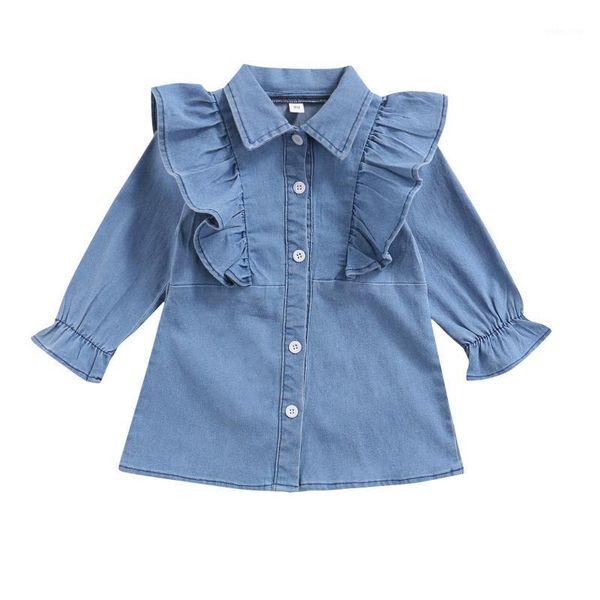 Mädchen Kleider 2022 0-5Y Kleinkind Baby Mädchen Denim Kleid Schöne Rüschen Blau Solide Einreiher Langarm Hemd Frühling herbst Kleidung