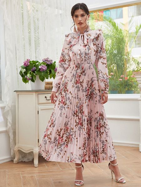 

tie neck allover floral a-line dress 91kv#, Black;gray