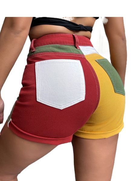 

sxy colorblock high waist denim shorts f4ja#, White;black